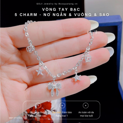 Lắc Tay Bạc Cho Nữ 5 Charm Nơ Ngắn & Sao GOJI